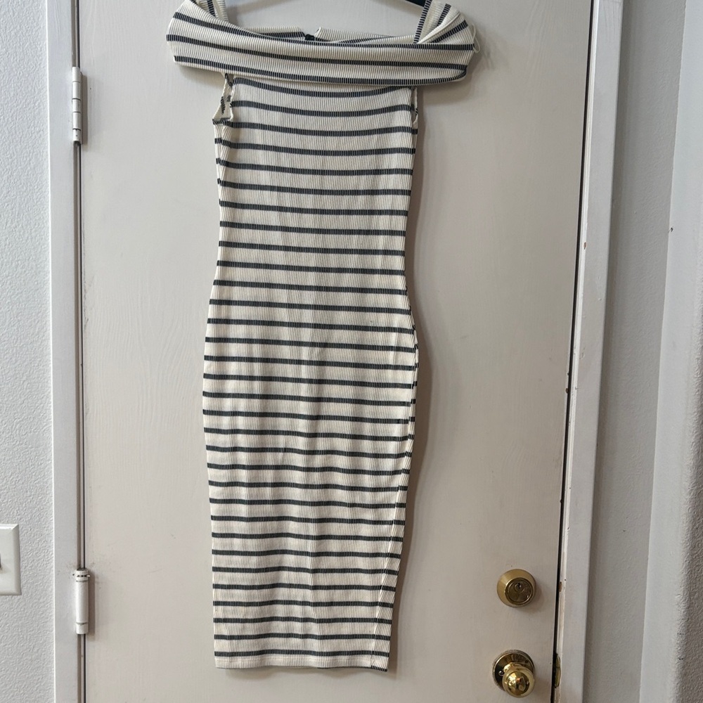 Windsor Cream and Black Striped Off-Shoulder Midi Dress